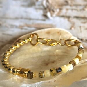 Natural Yellow Opal & Gold Balls In Half And Half Beaded Bracelet